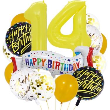Imagem de Balões amarelos número 14. Balões de alumínio grandes de aniversário amarelos, balões coloridos de 14 anos para decoração de festa de aniversário de 14 anos, suprimentos de decoração de festa de