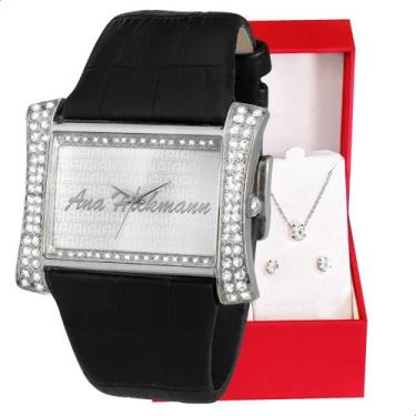 Imagem de Kit Relógio Feminino Champion Ana Hickmann Analógico Quadrado Couro AH