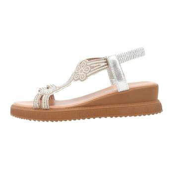 Imagem de Sandálias femininas casuais de bico redondo confortáveis sandálias casuais de praia com salto plataforma de 4,5 cm para mulheres verão, Prata, 34