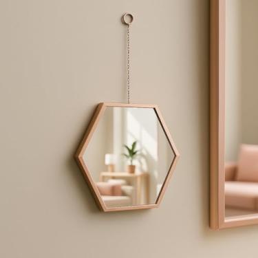 Imagem de Kit Espelho Decorativo Parede Hexágono, Design Moderno, moldura Rosê, 22x33cm, com Suporte para Fixação, Decorativo para Sala, Quarto, Banheiro