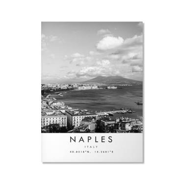 Imagem de Pôster de viagem preto e branco impressão paisagem da cidade do mundo pintura em tela Nápoles arte de parede decoração de casa (16 x 24 polegadas (40 x 60 cm), sem moldura)