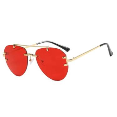 Imagem de HCPIHF Óculos de sol femininos sem aro com ponte dupla de metal e haste de metal, moda masculina para dirigir ao ar livre, UV400 (dourado e vermelho)