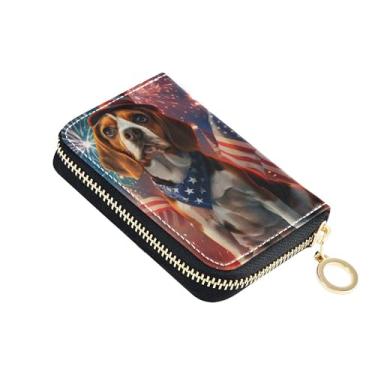 Imagem de Carteira pequena com porta-cartões com bloqueio de RFID, carteira feminina de couro para viagem com zíper fofo cachorro beagle bandeira americana