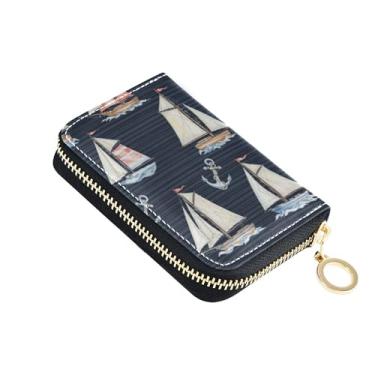Imagem de Carteira feminina com porta-cartões com bloqueio de RFID, carteira pequena de couro com zíper com chaveiro, veleiros pintados, âncoras listradas