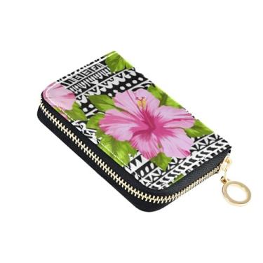 Imagem de Carteira feminina de hibisco, flores rosa, preto e branco, carteira de couro para cartão de crédito, bloqueio de RFID, zíper ao redor da bolsa com chaveiro