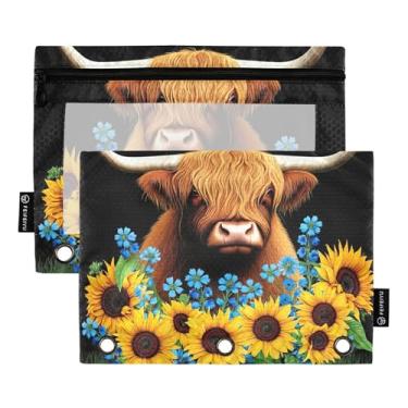 Imagem de GAIGEO Linda bolsa de lápis preta de vaca Highland Girassóis para fichário de 3 anéis, sacos de lápis com zíper, fichários escolares para meninos, bolsos transparentes, 25 x 18 cm, 2 pacotes