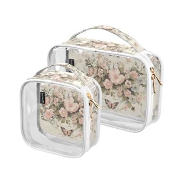 Imagem de GAIGEO Red Coffee Shop Bar Bolsa de higiene de viagem impermeável, bolsa transparente para carro, bolsa de viagem de maquiagem para mulheres, pacote com 2, Tapete retrô borboleta rosa palácio vento