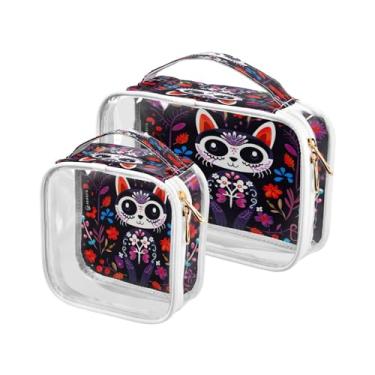 Imagem de GAIGEO Conjunto de bolsas de maquiagem transparentes para cães pug em cores arco-íris, bolsa de higiene pessoal de viagem, acessórios de viagem cosméticos, pacote com 2, Day of the Dead-1, one size