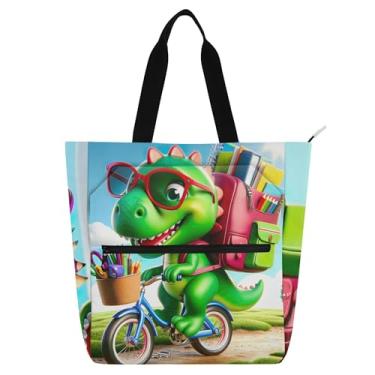 Imagem de GAIGEO Bolsa de trabalho feminina com estampa de dinossauro verde de bicicleta, bolsa escolar universitária, bolsa de professor com compartimentos