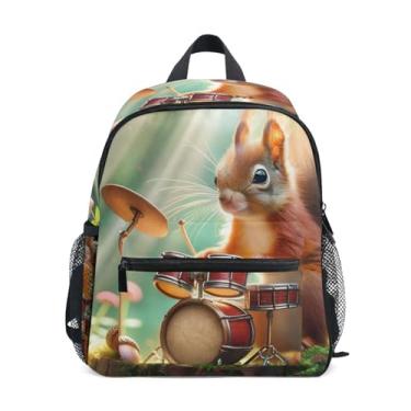 Imagem de GAIGEO Cute Squirrel Drum Funny Backpack for Kids 10x4x12 In, Backpack for Toddler Girls with Water Bottle Pockets, Whistle Buckle