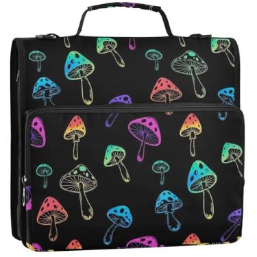 Imagem de Lindo organizador de fichário com zíper, 3 anéis, 3 anéis, cogumelos vibrantes, preto, pasta de armazenamento com alça, bolsa escolar com alça de ombro 34,5 x 31,5 x 9 cm