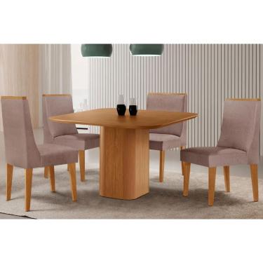 Imagem de Sala Jantar Mesa Maldivas Tampo Curvo 90cm+4 Cadeiras Dakota Madeira Naturale - Capuccino/Linho Capuccino - Rufato