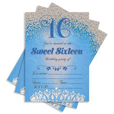 Imagem de Convites azuis duplos para festa de aniversário de 16 anos da Sweet 16, conjunto de 25 convites de aniversário de 16 anos de 5 x 7 meninas inclui envelopes (um nome/azul)