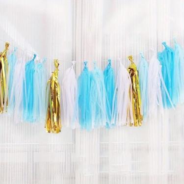 Imagem de 20 peças de guirlanda de franja de papel 20 peças, design DIY com franjas coloridas para casamentos, festas de aniversário e cenários de fotos, azul dourado