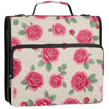 Imagem de Organizador de fichário com zíper vermelho, vintage, rosa, floral, 3 cm, 3 anéis, bolsa para fichários escolares fofos com alça de ombro, portfólio e estojo para pasta de anel, 34,5 x 31,5 x 9 cm