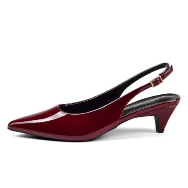 Imagem de GENSHUO Salto gatinho feminino bico fechado bico fino salto baixo 5 cm com alça ajustável para trabalho, festa de casamento, Patente vermelho-vinho, 35