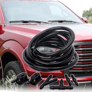 Imagem de Kit de mangueira 7 em 1 para lavadora de para-brisa, incluindo 2 peças universais de 4 furos, bocal de lavador de para-brisa montado no braço + 4 conectores de mangueira + mangueira de limpador de