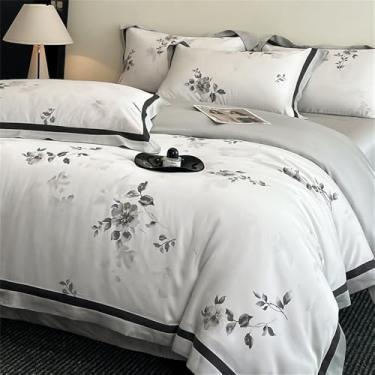 Imagem de Jogo de cama de fibra de bambu macia com toque fresco e estampa acetinada, estilo 5, tamanho King (220x240cm), 4 peças. Inclui capa de edredom, lençol de baixo e lençol de elástico.