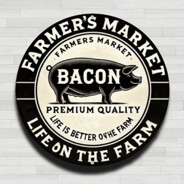 Imagem de Farmer Market Bacon Vintage Rústico Alumínio Metal Placa de Parede Redonda, 20 cm Presentes e Decoração para Casa, Escritório, Café e Quintal