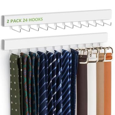 Imagem de Pacote com 2 organizadores de cinto de parede para homens, cabide de madeira para armário de parede com 24 ganchos rotativos antiderrapantes, economia de espaço, branco