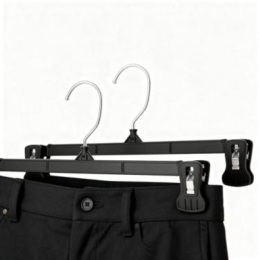 Imagem de 2 cabides pretos antiderrapantes para calças para roupas molhadas e secas, organizador de guarda-roupa multifuncional, cabide de saia e calça com clipes