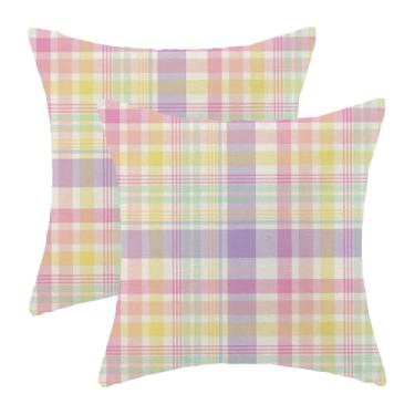Imagem de Sorktse Capas de almofada de páscoa 45,7 x 45,7 cm rosa roxo búfalo xadrez conjunto de 2 fronhas xadrez tartã primavera Páscoa decoração ao ar livre para sala de estar quarto almofada de linho