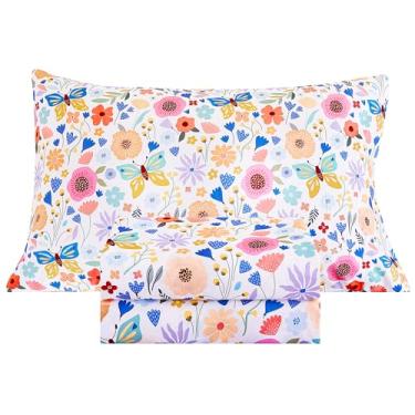 Imagem de Mooreeke Jogo de lençol solteiro infantil com estampa floral de borboleta, microfibra macia e botânica
