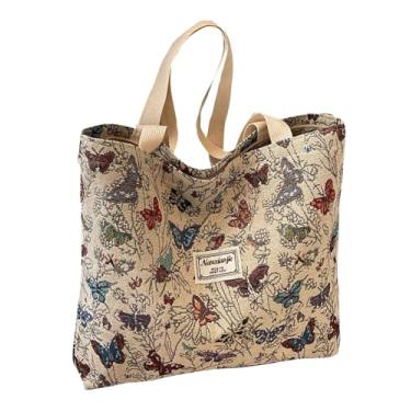 Imagem de RYZGOJV Sacola grande de lona de algodão super forte, bolsa de pano reutilizável para compras de supermercado, sacola elegante para mulheres - borboleta bege