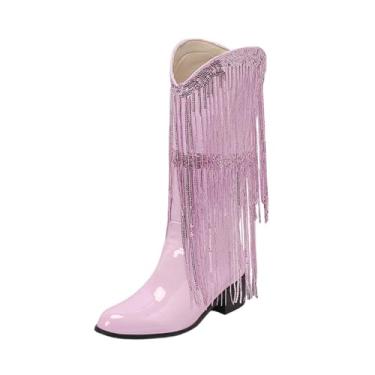 Imagem de Botas femininas modernas, casuais, estilo inverno, comprimento até o joelho, cor sólida, borla, bico fino, salto alto grosso, rosa, 35