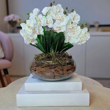 Imagem de Arranjo de Orquídea Artificial em Vaso de Vidro Decorativo para Sala, Lavabo e Escritório(Branca)