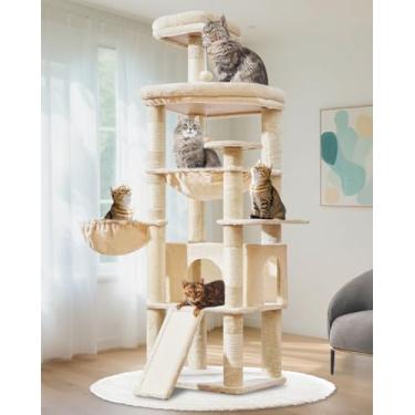 Imagem de Taoqimiao Árvore de gato de 182 cm para gatos grandes, torre alta de vários níveis, condomínio para gatos alargado com grande quadro de arranhões, 5 postes para arranhar, rede de metal, cesta