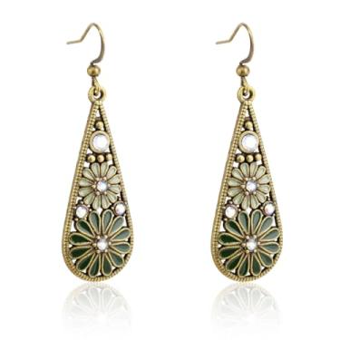 Imagem de 2 Conjunto de Brincos Pendentes em Formato Gota, Estilo Tribal Boêmio Gancho Geométrico Formato de Flor Esmaltada e Detalhes em strass Joias Retrô Estilo Nacional Perfeitas para Presentear (Verde)