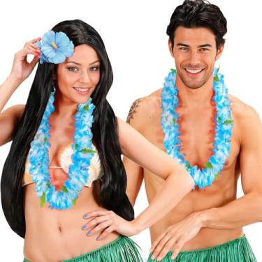 Imagem de Colar Havaiano de Luxo Muito Cheio Flores Monocromatica Unissex 50 cm para Luau Carnaval Festa Havai (Azul)