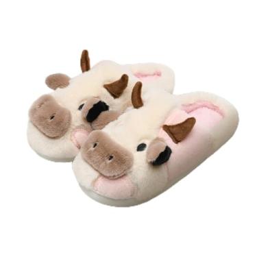 Imagem de Pantufas de vaca para mulheres e homens – Pantufa de pelúcia macia antiderrapante, sapatos felpudos quentes de inverno com espuma viscoelástica confortável, branco e rosa, Branco-rosa, 12-13 Women/11