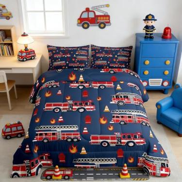 Imagem de Castle Fairy Conjunto de cama solteiro de caminhões de bombeiros, desenho animado, caminhões vermelhos, para crianças, meninos, meninas, adolescentes, desenho animado, hidrante, chama, edredom com 1