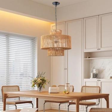 Imagem de Luminária pendente de vime estilo boho retrô com 3 lâmpadas, feita à mão, para mesa de jantar, redonda, rústica, grande, com soquete E27, ideal para sala de estar, cozinha, corredor, quarto