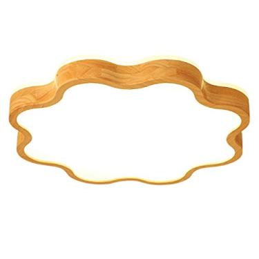 Imagem de Lustre de madeira com 18 watts de potência, luz LED branca quente, ideal para áreas de recepção, com fluxo luminoso de 4750lm. Também perfeito para quarto infantil, com design criativo e aco