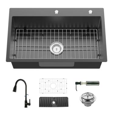 Imagem de Pia de cozinha preta 76 x 45,7 cm com torneira - aço inoxidável gota em tigela única moderna montagem superior torneira de pia de cozinha e bar, grade SS, tapete de silicone, conjunto de filtro de