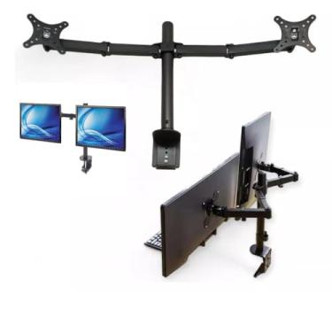 Imagem de SUPORTE 2 MONITOR DUPLO BRACO ARTICULADO 10 A 32 POLEGADAS MESA GIRATORIO BANCADA