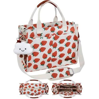 Imagem de BESBESME Bolsa de lona feminina com zíper e compartimentos – Bolsa tiracolo grande para laptop para trabalho e faculdade, Bege e morango grande, Medium