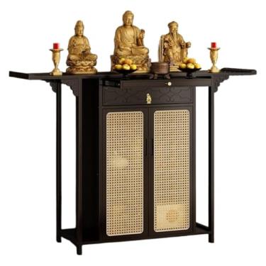 Imagem de Mesa de altar de Buda de bambu vintage com armazenamento, armário de oferta de 120 cm, santuário de meditação chinesa com porta de vime, acabamento de nogueira preta para decoração de casa e prática