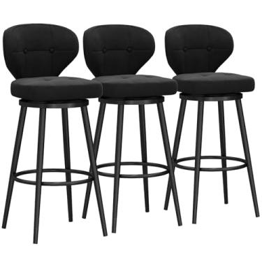 Imagem de Banquetas de bar estofadas giratórias de veludo com apoio para os pés de metal, bancos de bar com altura giratória conjunto de 3, bancos de balcão com encosto, cadeira de bar moderna para ilha de