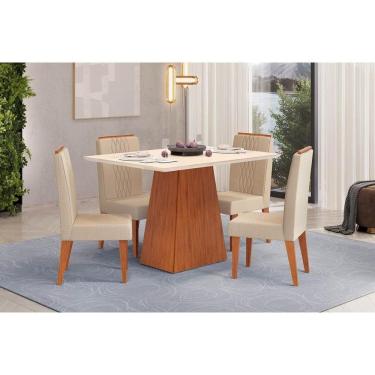 Imagem de Conjunto: Mesa de Cozinha Dulce c/ Tampo Madeirado c/ Vidro Reto 120x90cm e 4 Cadeiras Lia Freijo/Off White - Linho Neve - DJ Móveis