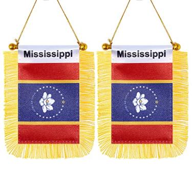 Imagem de CANTENDO Pacote com 2 bandeiras americanas do Mississippi para pendurar janela, mini bandeira de carro do estado do Mississippi dos EUA com haste borla ventosa decoração de espelho retrovisor (7 x 12