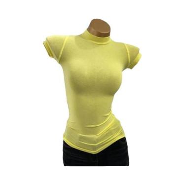 Imagem de Camiseta Feminina Transparente De Manga Curta Com Gola Meio Alta E Aju