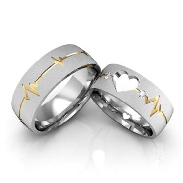 Imagem de Par Aliancas Compromisso Namoro Prata 950 Coracao Batimento Card