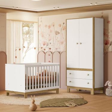 Imagem de Quarto de Bebê com Berço Mini Cama Slim e Guarda Roupa Flora Branco Acetinado Qmovi