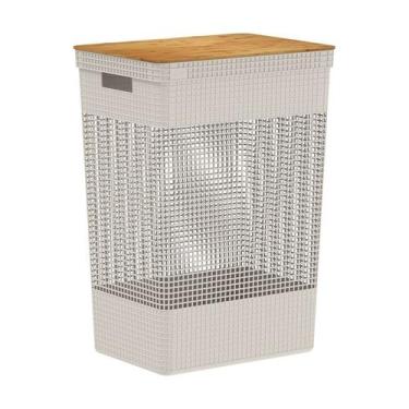 Imagem de Cesto De Roupas Grid Com Tampa De Bambu 49 Litros, Bege