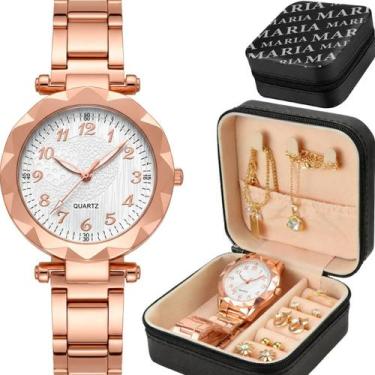 Imagem de relogio feminino rose + porta joia + colar + brincos prova dagua socia