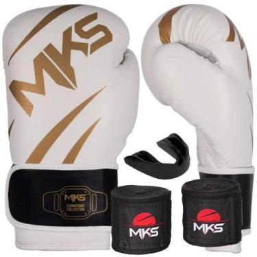 Imagem de Kit Luva Muay Thai Boxe New Champion Branco/Dourado + Bandagem + Prote